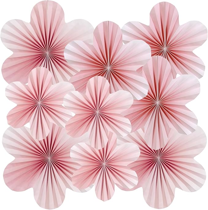 SUNBEAUTY 9 PCS Pink and Cherry Blossom Party Decorations Pink Paper Fans Decor by SUNBEAUTY