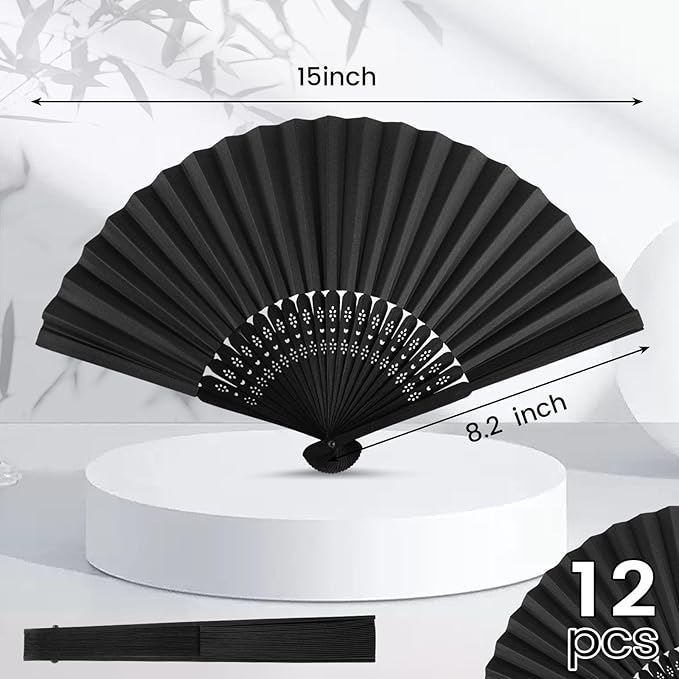 JOHOUSE 12 Packs 8.2 Inch Black Chinese Paper Foldable Hand Fan - Image 2