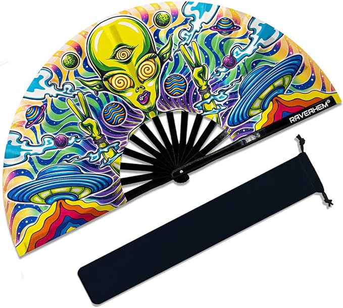 13" Large Rave Fan Bamboo, Folding Clack Hand Fans Foldable - Image 4