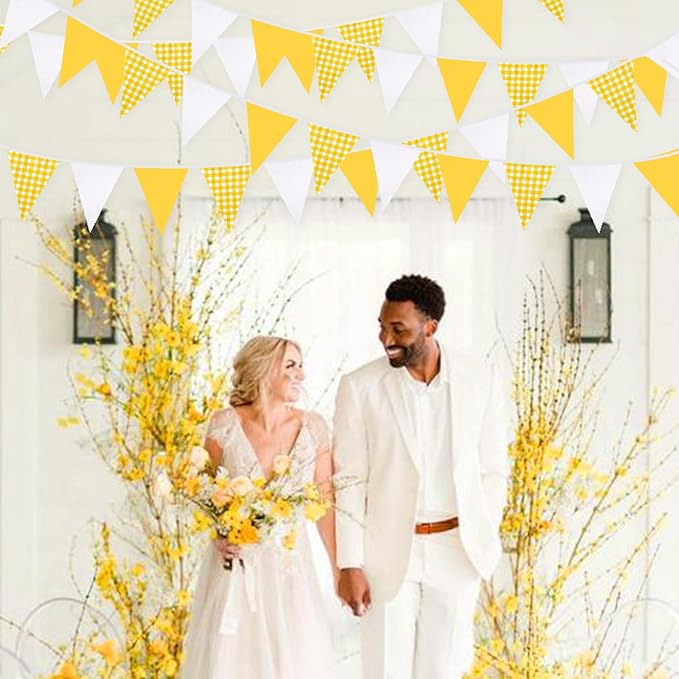 32Ft Yellow Plaid Checkered White Pennant Banner Fabric Gingham Triangle Flag - Image 5