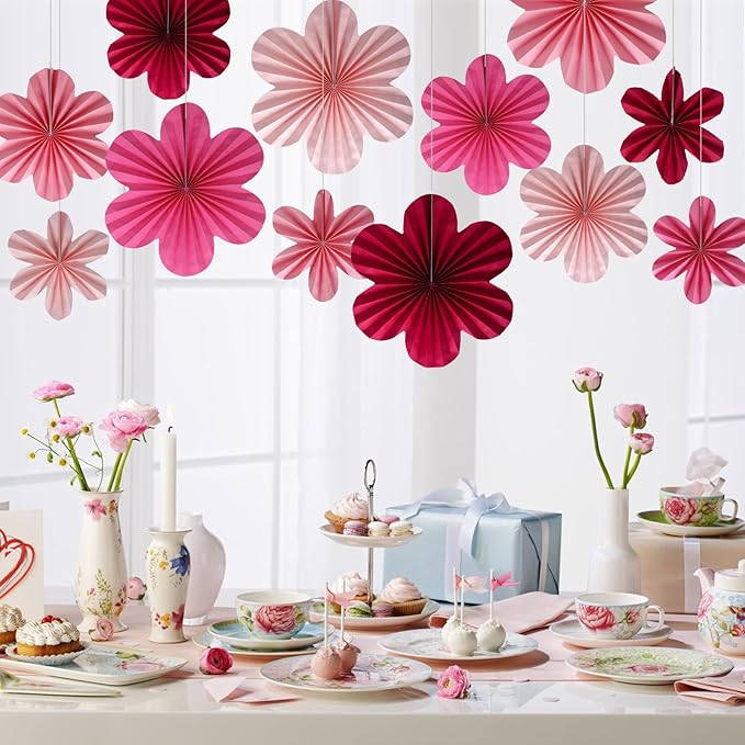 BestoFun 12 PCS Paper Flowers Fans Hot Pink Party Decorations Paper Flowers - Image 6