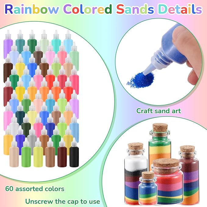 Wettarn 180 Pcs 1.25 oz Sand Art Bottle Kits 60 Colors of Sand and Bottle - Image 5