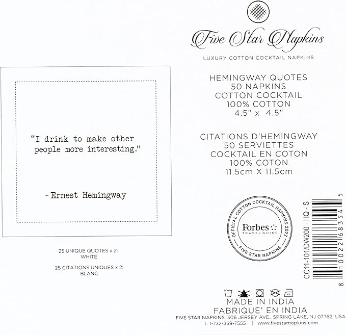 Five Star Napkins Hemingway Quotes, Beverage Napkins, Bar Napkins, Cloth Napkins - Image 5
