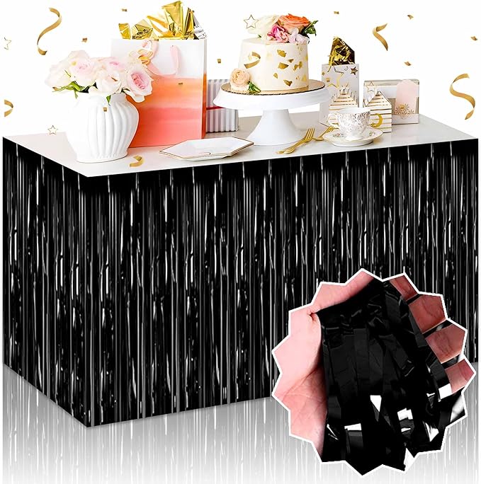 3 Pack 29 x108 Inch Black Foil Fringe Table Skirts Metallic Banner by LANTIANCHEN