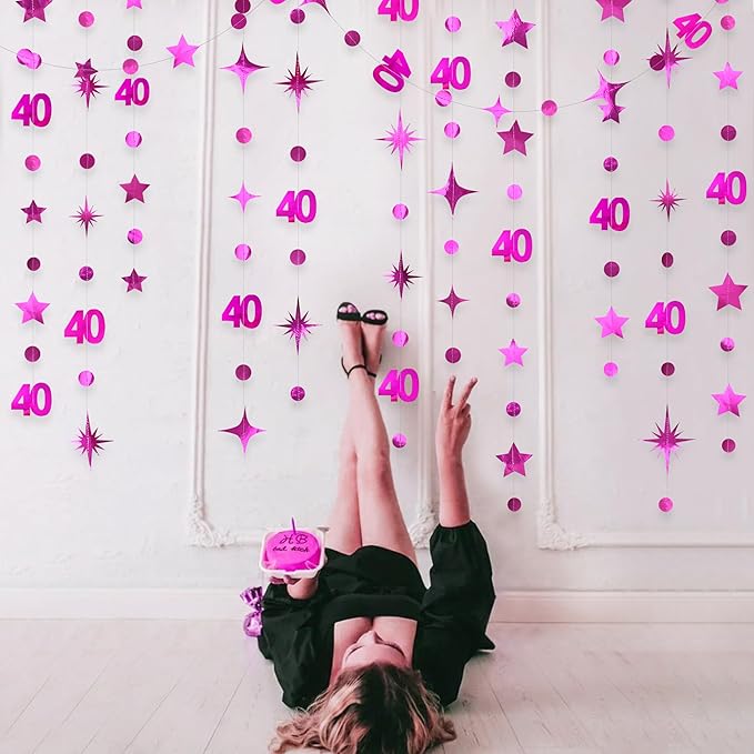 Hot Pink 40th Birthday Decorations Number 40 Circle Dot Twinkle Star Garland - Image 5