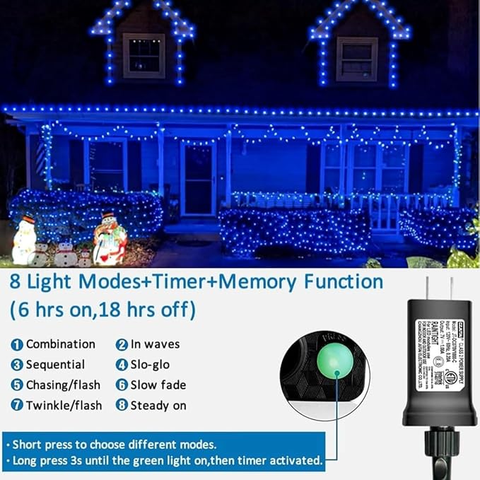 YEGUO 165ft 500 LED Blue Christmas Lights Outdoor Waterproof, 8 Modes Twinkle - Image 3