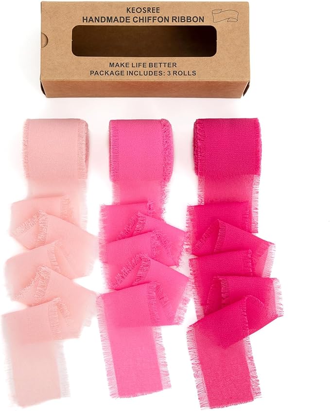 Hot Pink Pastel Pink Handmade Chiffon Ribbon, 1.5" x 21Yd Frayed Silk Ribbons by KEOSREE