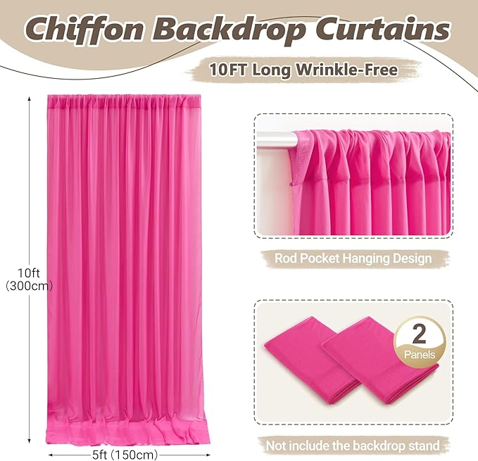 10ft x 10ft Hot Pink Backdrop Curtains, Wrinkle-Free Sheer Chiffon Fabric Photo - Image 6