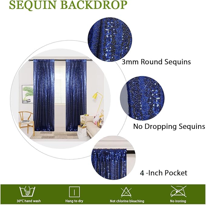 ShinyBeauty 4x10ft Navy Blue Sequin Photo Backdrop – 2 Pack Glitter Curtains - Image 3