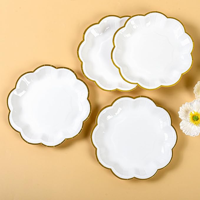 White Golden Party Plates Gold Foil Dessert Paper Plate 7inch Scalloped Edge - Image 3
