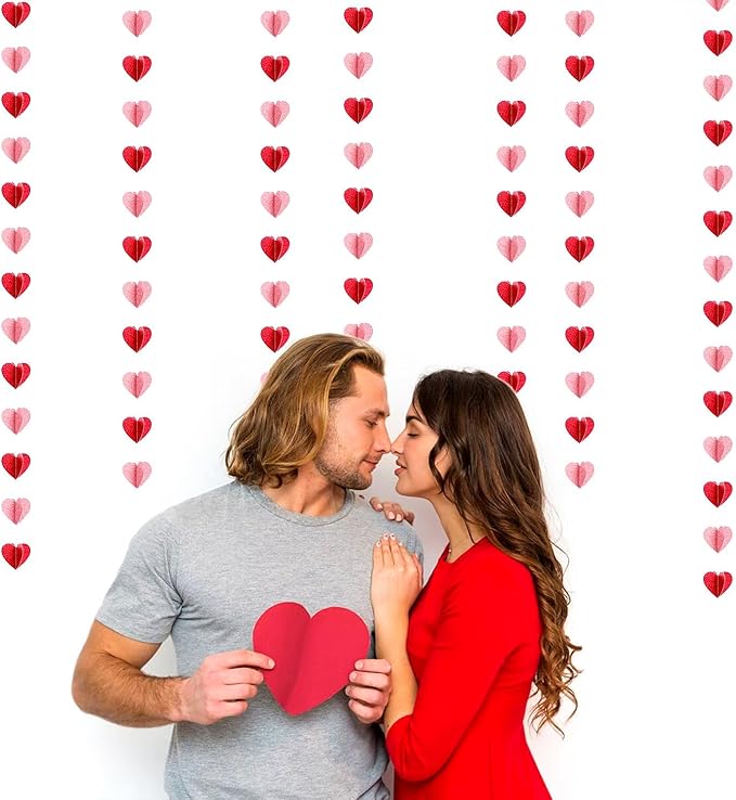 Red Pink Party-Decorations 3D-Heart Garland - 40ft Galentines Streamers Paper - Image 2
