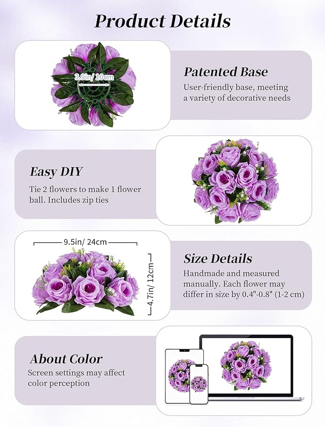 BLOSMON Flower Balls Wedding Rose Centerpieces 6 Pcs Lilac Fake Flowers Kissing - Image 5