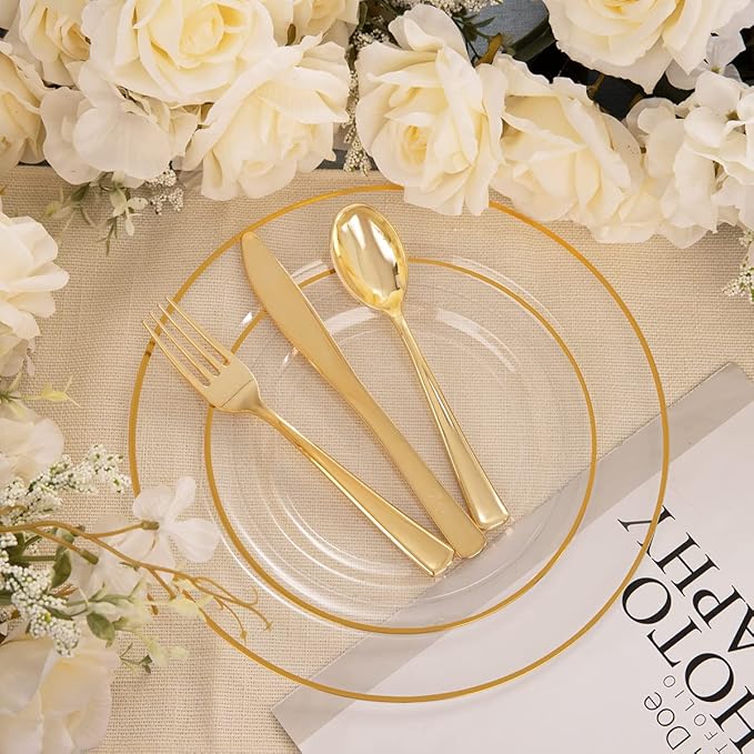 SUT 150 PCS Gold Plastic Plates, Disposable Clear Gold Dinnerware Set - Image 2