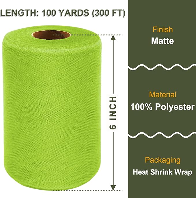 Lime Green Tulle Fabric Roll 6 Inch X 300 FT Matte Tulle Ribbon Netting Mesh - Image 2