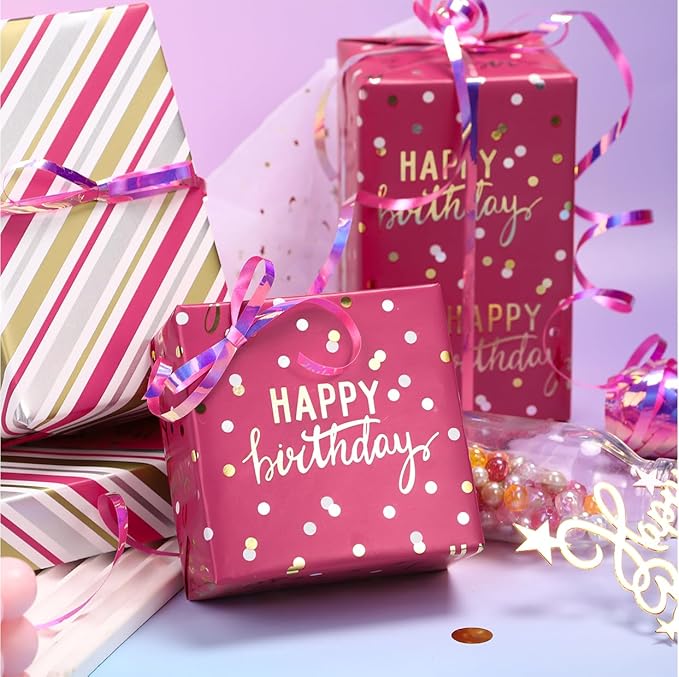 LeZakaa Reversible Pink Birthday Wrapping Paper Roll - Image 4