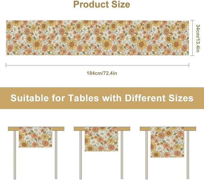 Vintage Floral Table Runner, Boho 70s Style Retro Daisies Flower Table Runner - Image 7