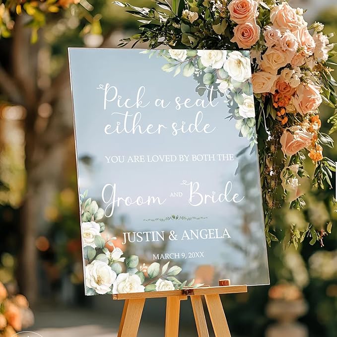 Pick a Seat Either Side Wedding Yard Sign – Custom Floral White Green Ceremony - Image 3