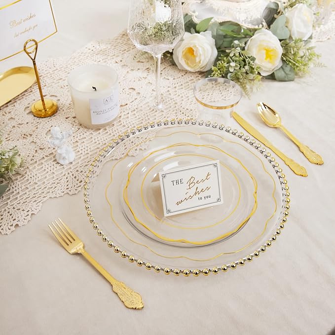 NOCCUR 50Guest Gold Rim Clear Plastic Plates&Disposable Silverware Cups-Include - Image 5
