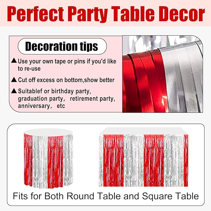 3 Pack 29x108 Inch Red Silver Foil Fringe Table Skirts Metallic Banner - Image 3