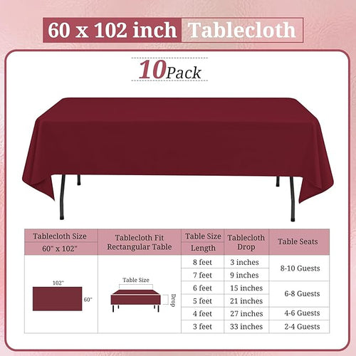 10 Pack Burgundy Tablecloths for 6ft Rectangle Tables 60 x 102 Inch - Image 2