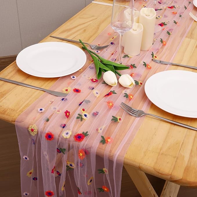 Pink Floral Table Runner 10 FT, Embroidery Daisy Table Runners Seasonal Sheer by Hugestar