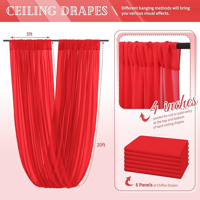 6 Panels Red Ceiling Drapes for Wedding 5ftx20ft Chiffon Fabric Arch Draping - Image 2