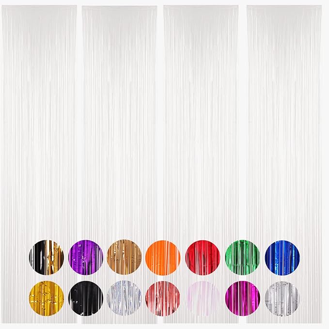 4 Pack White Foil Fringe Backdrop Curtains, Tinsel Streamers Birthday Party by Voircoloria