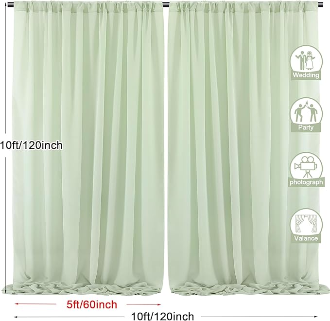 PARTISKY 10x10ft Sage Green Chiffon Sheer Backdrop Curtains, Wrinkle-Free - Image 3