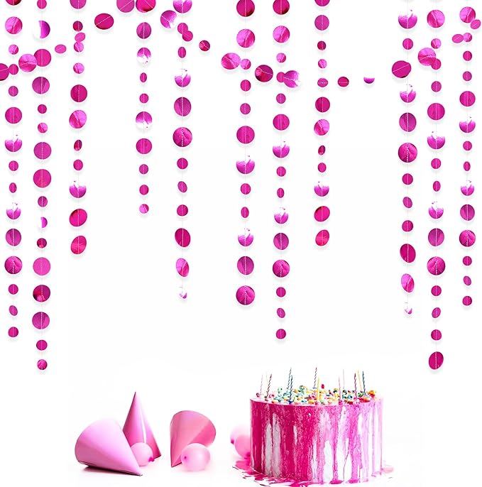 Hot Pink Party Decorations Circle Dots Garland Metallic Rose Pink Hanging Paper - Image 8