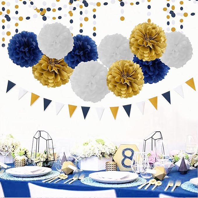 Navy-Blue White Gold Paper Flowers - Image 6