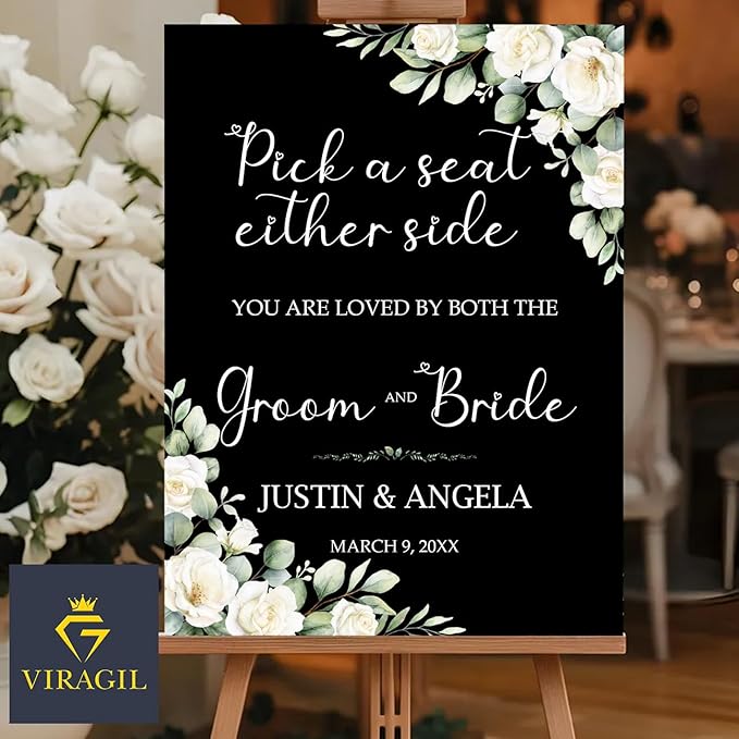 Pick a Seat Either Side Wedding Yard Sign – Custom Floral White Green Ceremony - Image 4