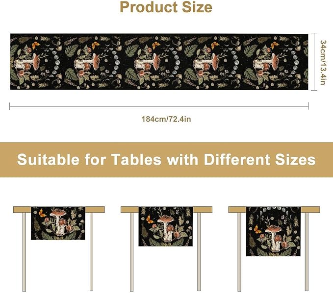 Mushroom Kitchen Table Runner, Boho Vintage Wild Flower Gothic Witchy Moonlit - Image 3