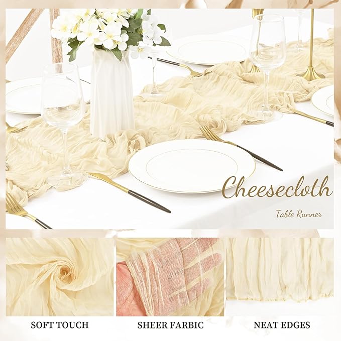 10FT 20 Pack Beige Cheesecloth Table Runner 20 x 120 Inch Long Rustic Gauze - Image 3