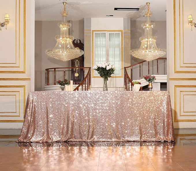 SquarePie Sequin Tablecloth 90 x 156 Inch Rose Gold Sparkly Table Linen - Image 9