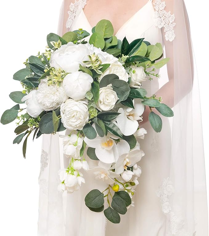 Ling's moment White Bridal Bouquet Cascading, 13 Inch Ivory Bride Bouquets by LingsMoment
