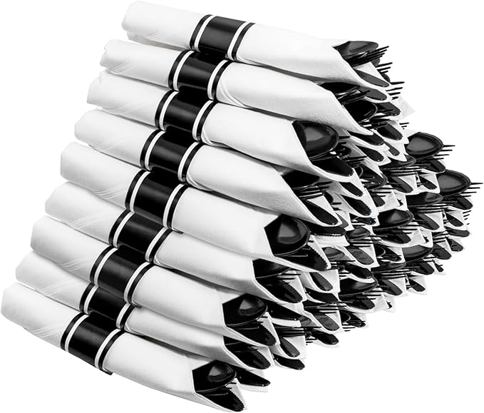 Supernal 60 Pack Hevy Duty Rolled Black Plastic Silverware, Pre Wrapped Cutlery by supernal