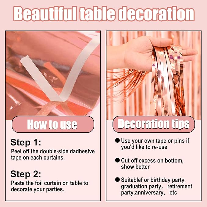 3 Pack 29 x108 Inch Rose Gold Foil Fringe Table Skirts Metallic Banner - Image 3