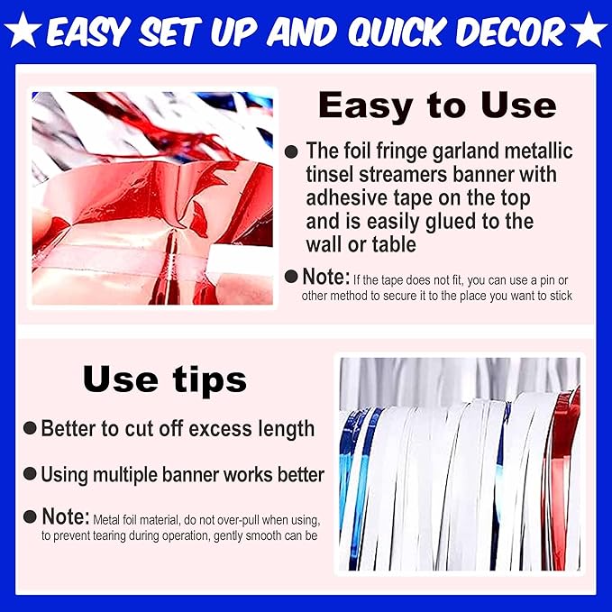 6 Pack 10 Ft White Blue Red Foil Fringe Garland Metallic Streamers Tinsel - Image 3