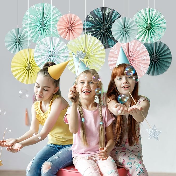 SUNBEAUTY 11 Pcs Sage Green Paper Fans Decoration Ceiling Decor Leaves Paper - Image 4