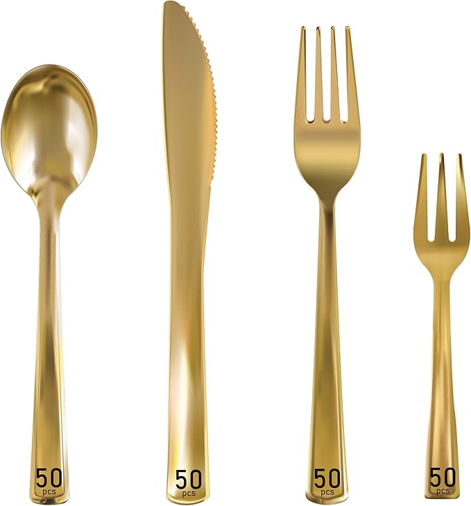 Neatiffy 200 Pcs Gold Plastic Silverware Disposable Cutlery Set, Includes 50 by NEATIFFY