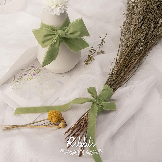 Ribbli 3 Rolls Sage Green Ribbon 1.5 Inch x 18Yards Handmade Cotton Frayed - Image 4