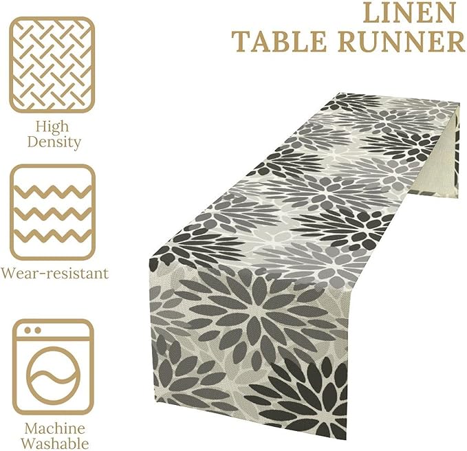 Gray Dahlia Flower Table Runner, Vintage Modern Linen Geometric Pattern Floral - Image 6