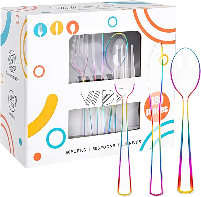 WDF 180 PCS Rainbow Plastic Silverware by WDF