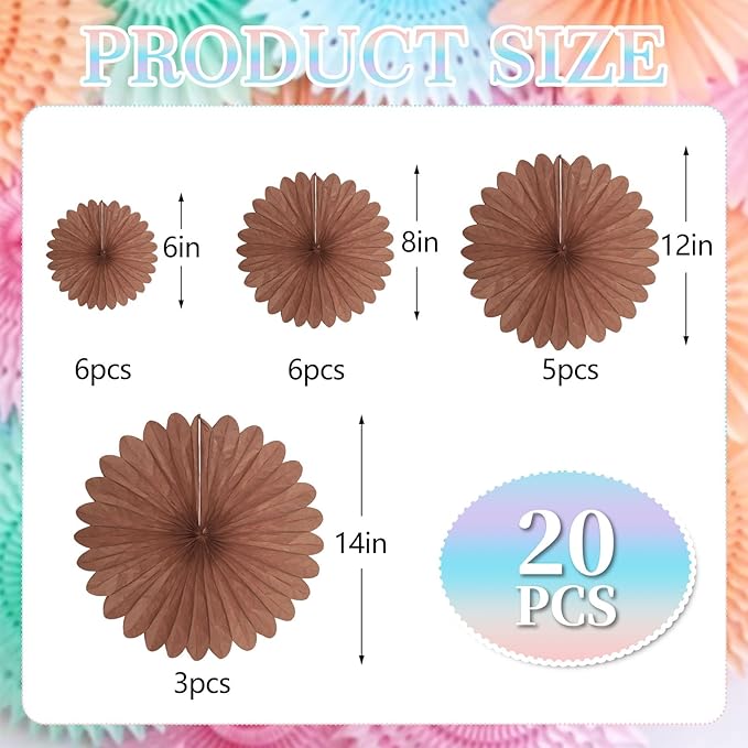 20 Pcs Deep Brown Hanging Paper Fan, Round Paper Fans Decorations Set - Image 2