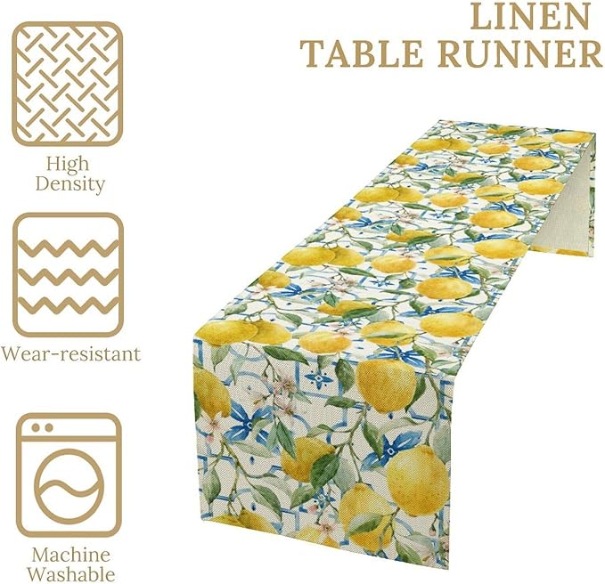 Lemon Table Runner, Watercolor Fruit Green Leaves Spring Summer Table Cloth - Image 4