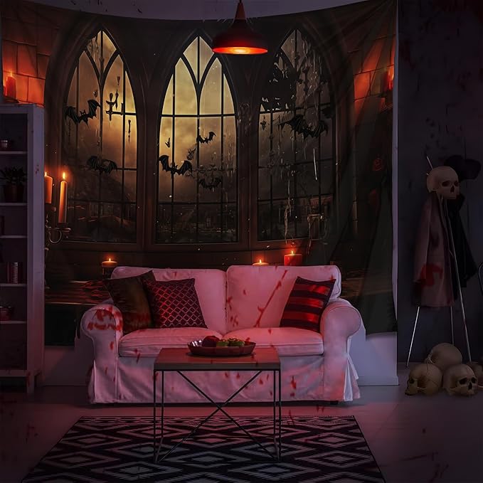QGHOT Halloween Tapestry Wall Hanging Horror Castle Window Tapestry Gothic - Image 5