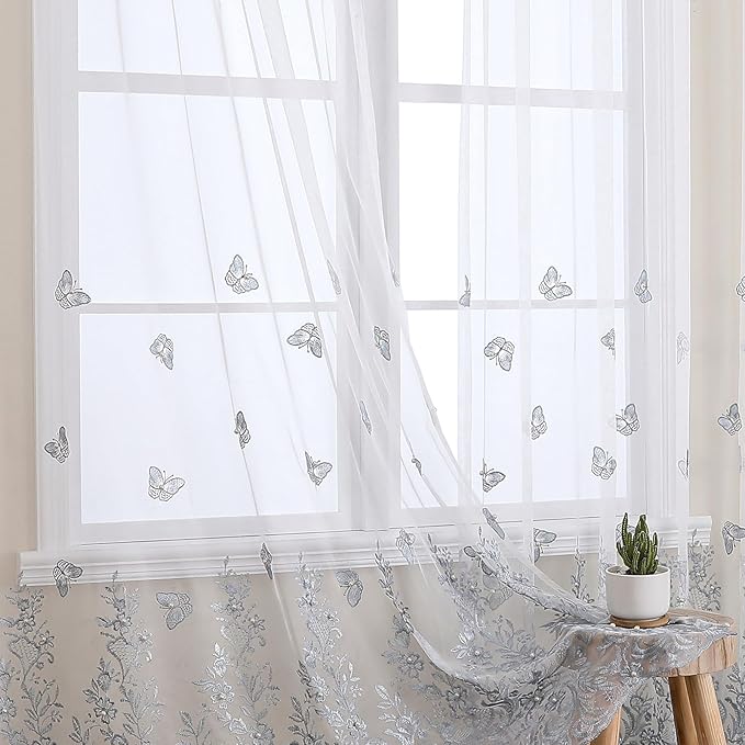 VISIONTEX White Sheer Voile Curtains, Decorative Blue Embossed Butterflies Rod - Image 6