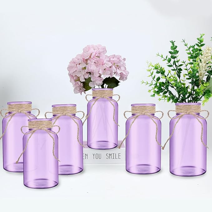 Vintage Glass Flower Vase，6 Pack Farmhouse Purple Glass Centerpiece Vases Mason by LEYIQUCHAMPAGNEWINEGLASSES