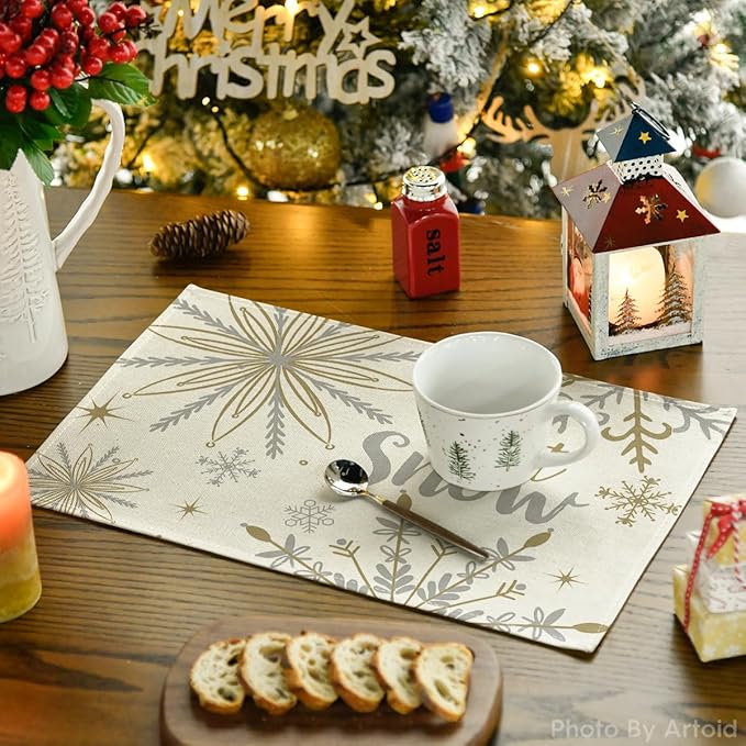 Artoid Mode Beige Snowflake Let It Snow Winter Placemats Set of 6, 12x18 Inch - Image 3