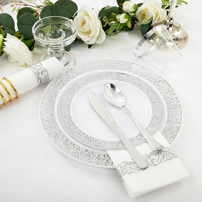 WELLIFE 350pcs Silver Party Dinnerware Set - Image 6